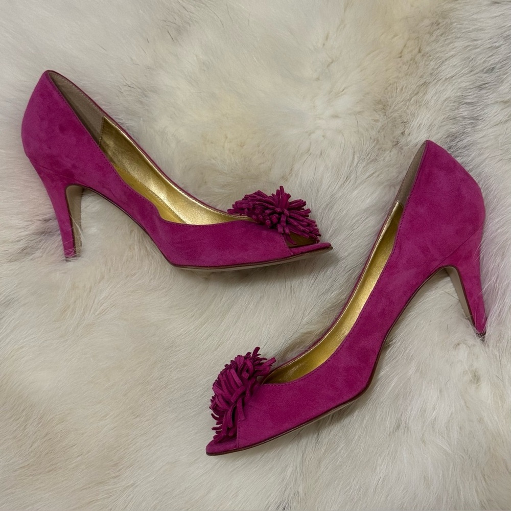 J Crew Suede Leather Peep Toe Pink Pumps Tassel Made In Italy Size 9 WORN ONCE